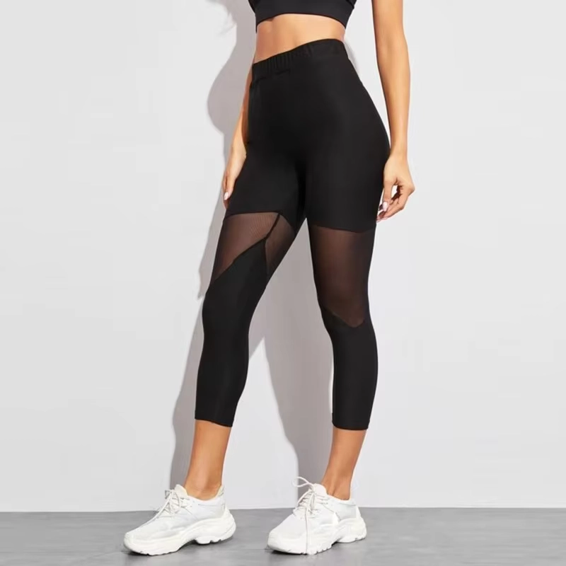 Black Mesh Panel High-Waist Fitness Leggings for Yoga and Active Styling