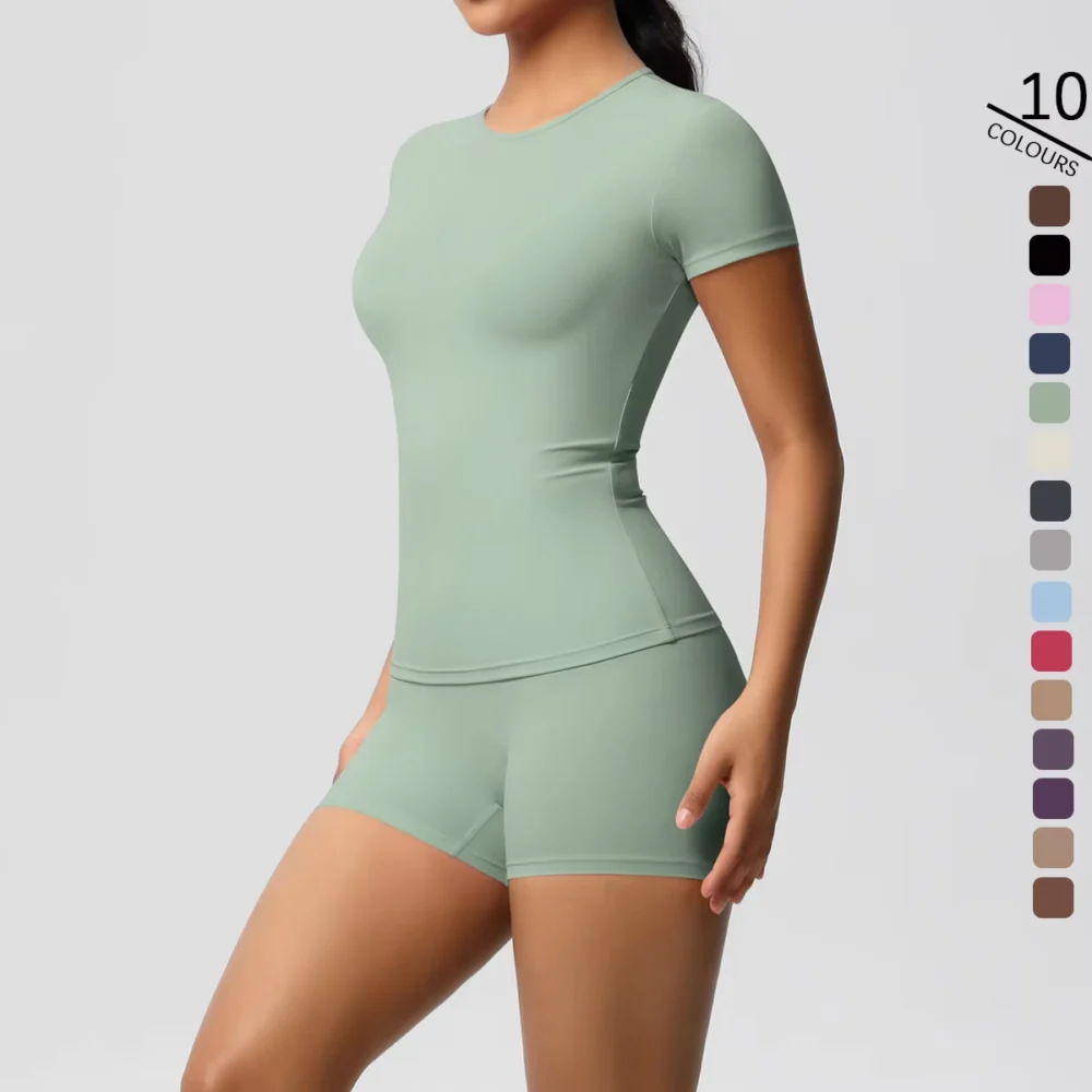 Short-Sleeve Active Top & Bike Shorts Set for Quick-Dry Gym Training