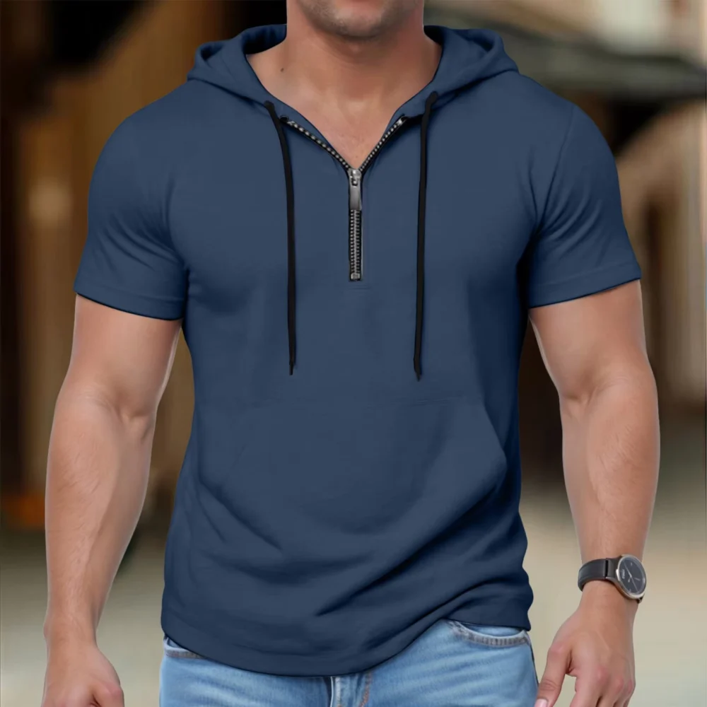 Half-Zip Drawstring Short-Sleeve Hoodie for Fitness and Travel Workouts