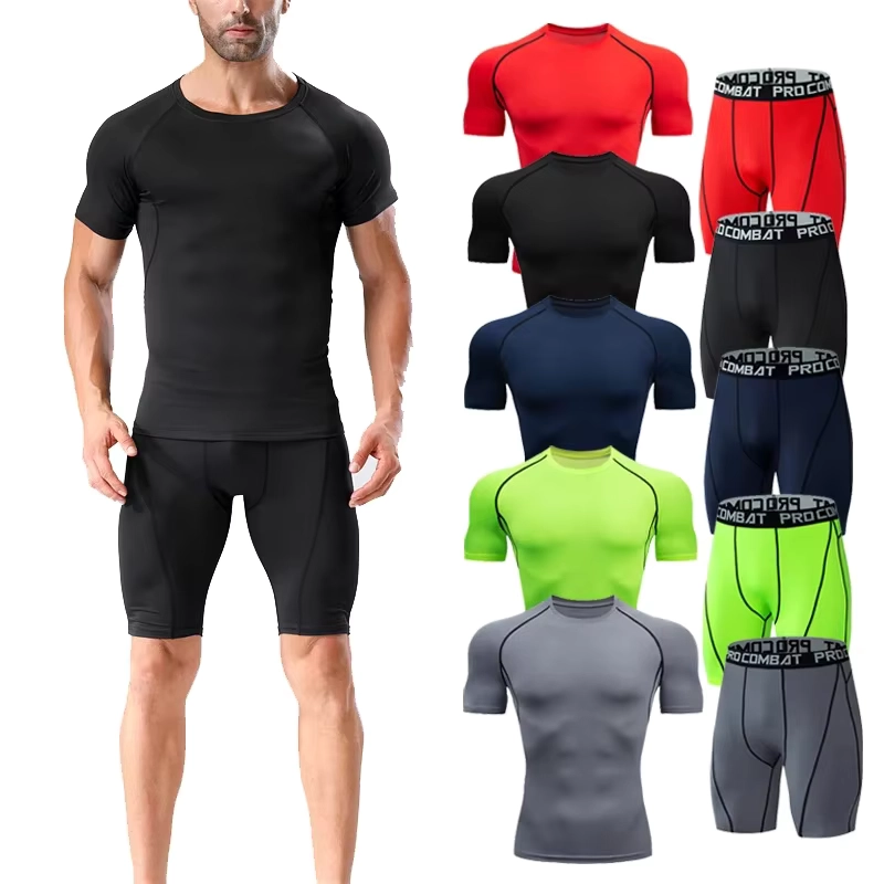 Men’s 2-Piece Compression Workout Shirt and Shorts Set for Gym Training