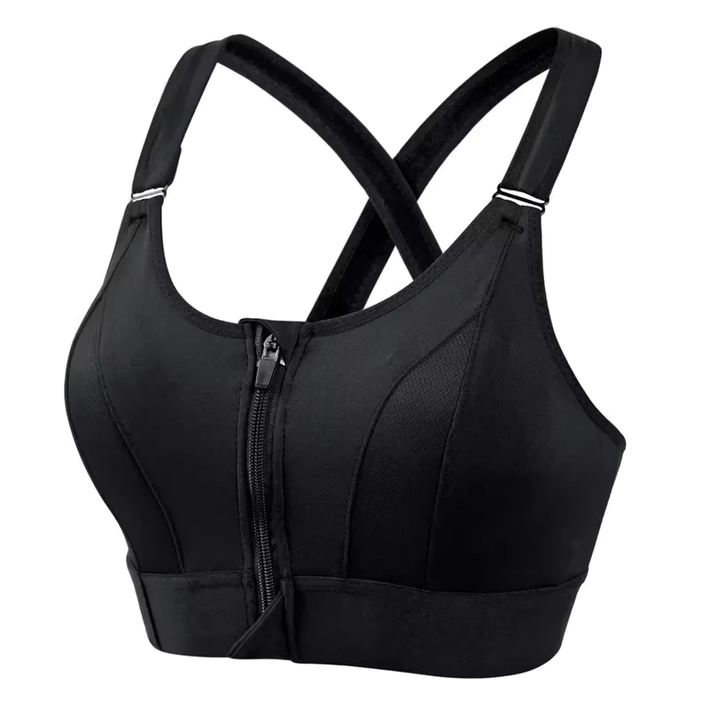 Front-Zip Crop Sports Bra with Adjustable Straps for Fitness Training
